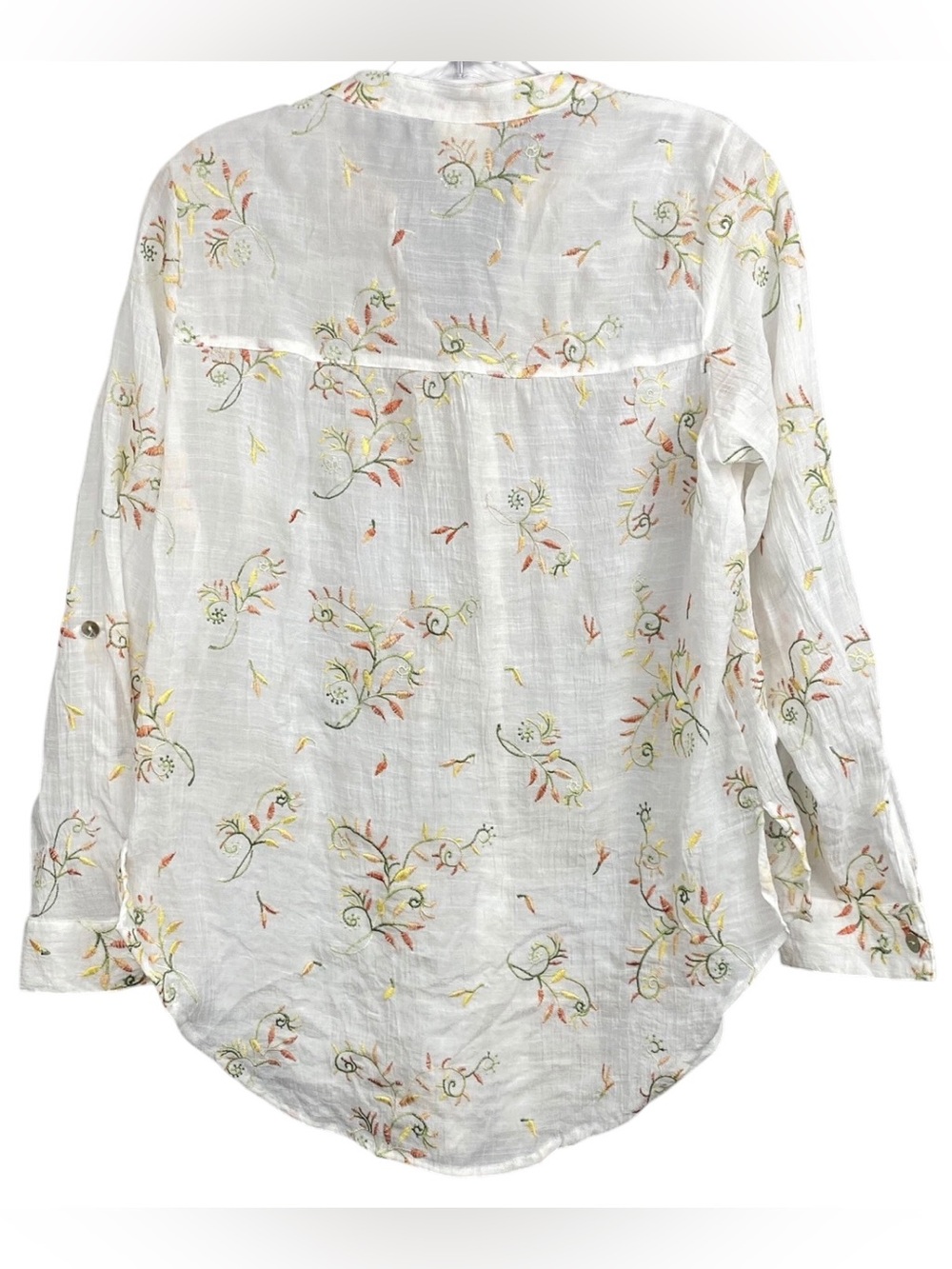 Fig & Flower Embroidered Floral Button Front Boho Blouse White Roll Tab Sleeve M - Picture 3 of 10